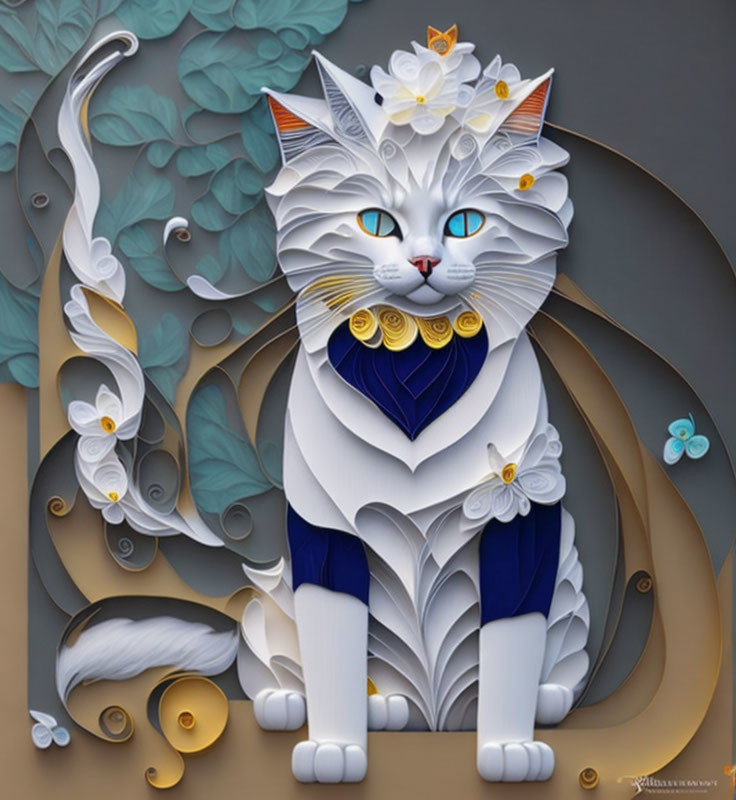 Stylized white cat with blue eyes and golden-blue accents among paper flowers.