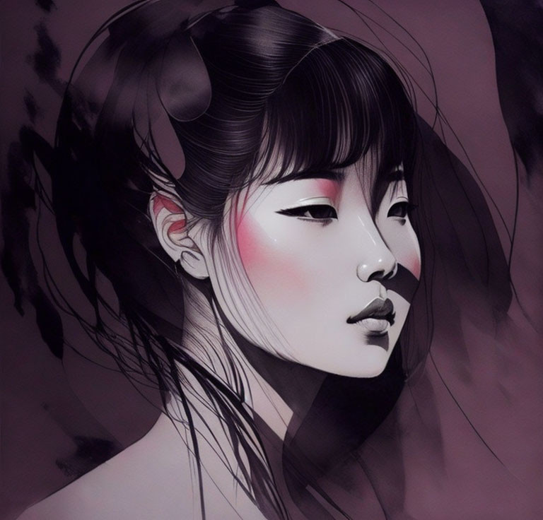 Illustrated portrait of Asian woman with blush, subtle gaze, flowing hair, against pink and black background