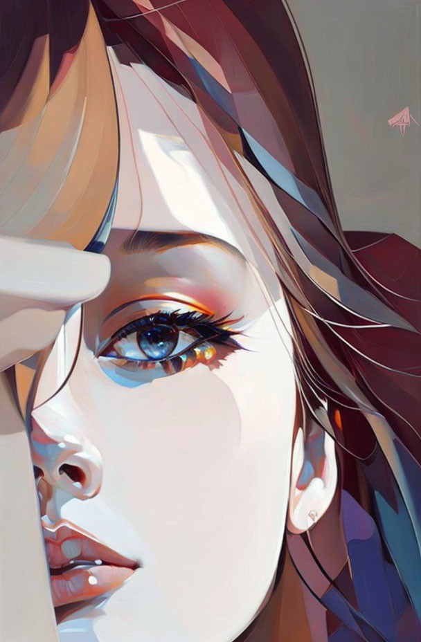 Detailed digital portrait of a woman with blue eyes, delicate nose, and full lips in modern fragmented art