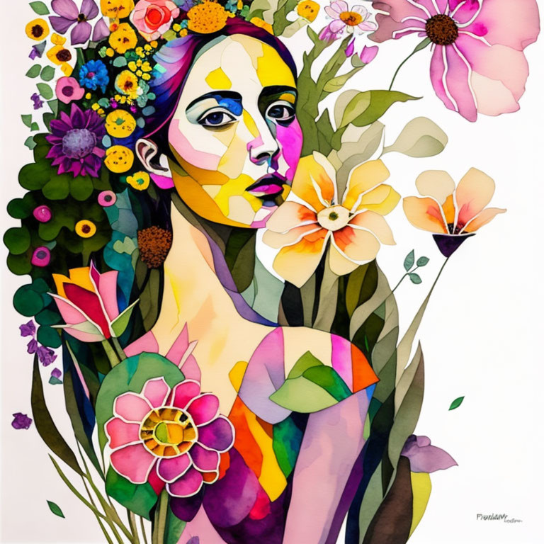 Vibrant portrait of a woman with geometric patterns and stylized flowers