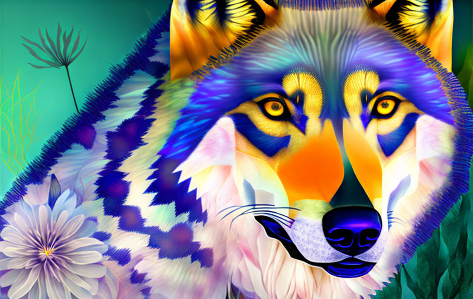 Colorful Wolf Illustration with Mosaic-Like Fur and Floral Background