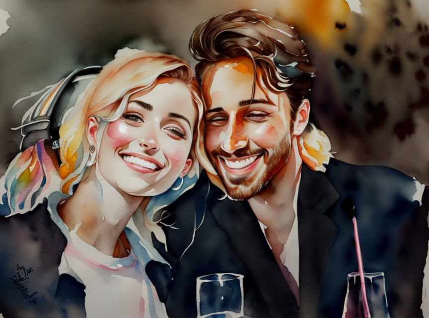 Smiling Couple with Wine Glasses in Warm Watercolor