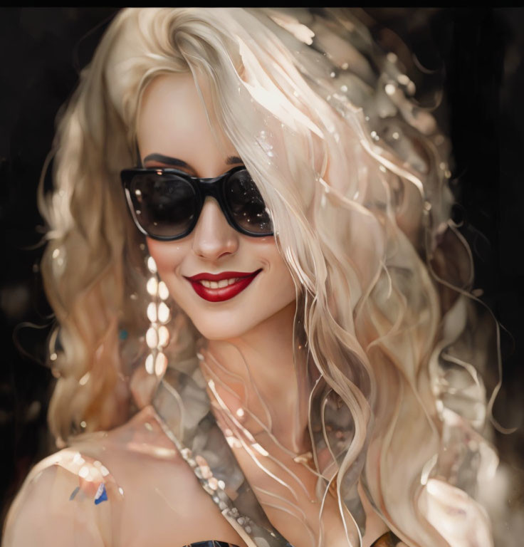 Blonde woman in black sunglasses and red lipstick portrait