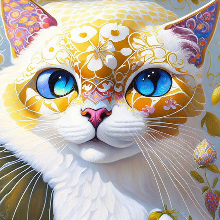 Detailed White Cat Illustration with Gold and Pastel Floral Patterns