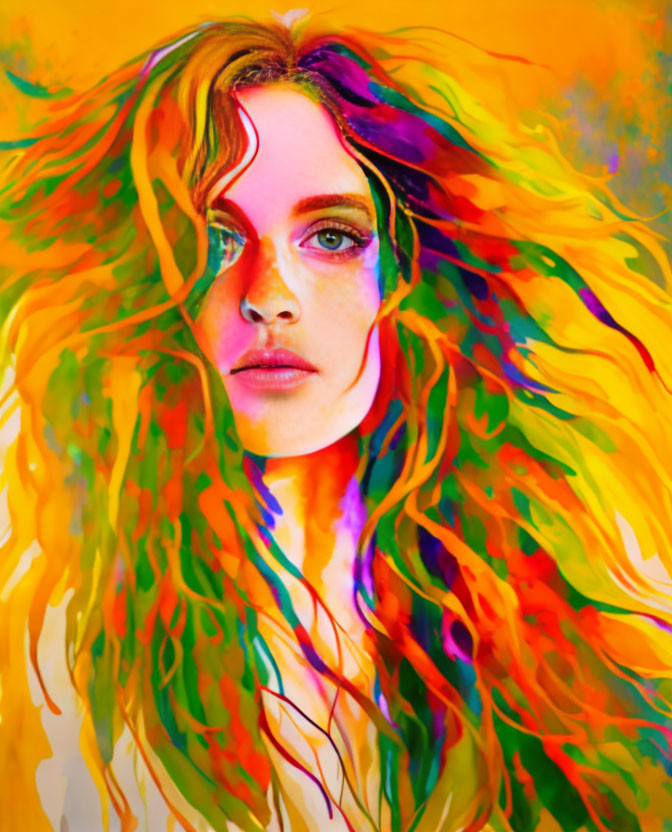 Vivid multicolored hair woman against bright yellow background