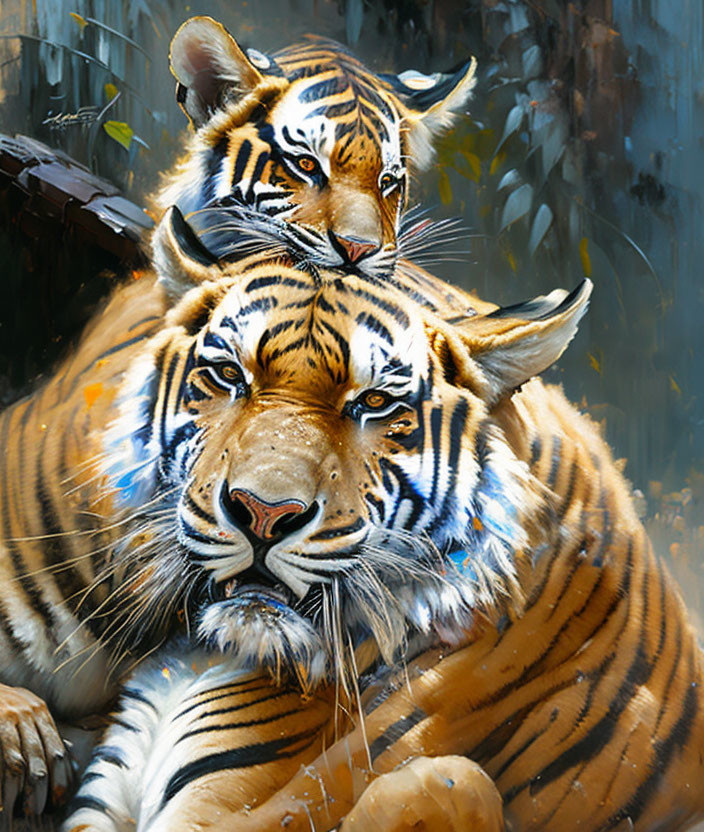 Two tigers painting: Resting tiger on another amidst dark foliage