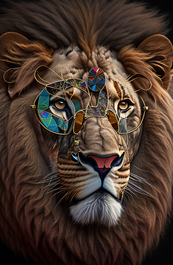 Colorful lion's head digital artwork with peace symbol and glasses