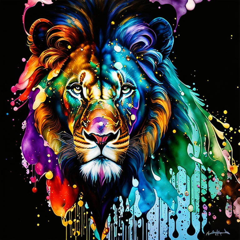 Colorful Lion's Head Artwork with Psychedelic Paint Drips on Dark Background