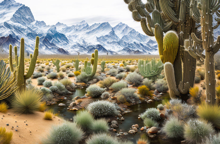 Desert cacti blend with snowy mountains in surreal landscape