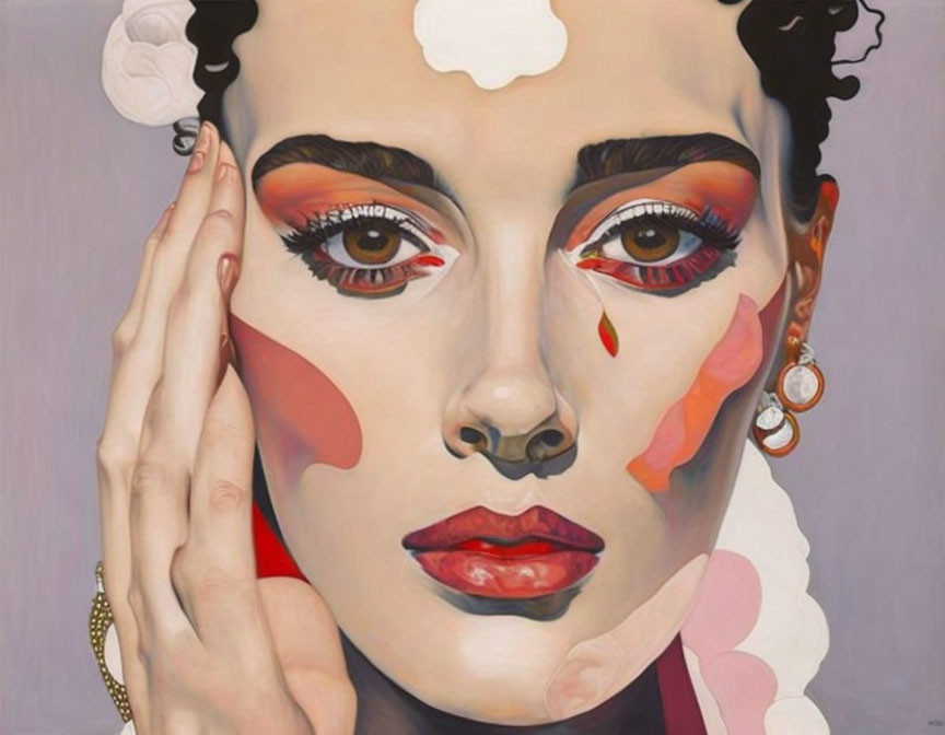 Surreal portrait of woman with disproportionate eyes and red tear-like shapes, adorned with elegant jewelry