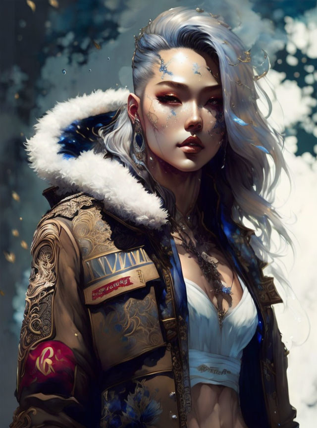 Silver-Haired Female Character in Military Jacket with Gold Accents