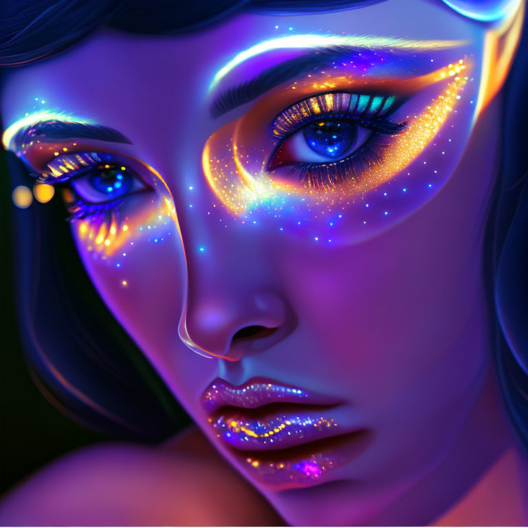 Vibrant cosmic makeup on woman's face in digital art