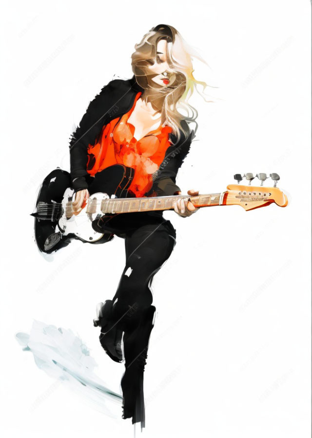 Stylish Woman Playing Electric Guitar in Black and Red Attire