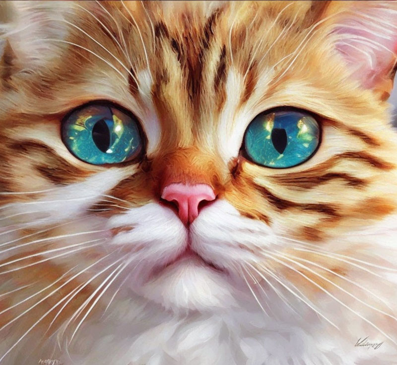 Close-up Digital Painting of Orange and White Cat with Turquoise Eyes