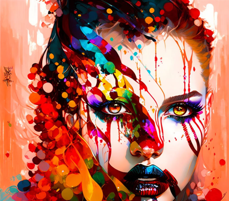 Colorful Abstract Digital Art: Woman's Face with Paint Splashes