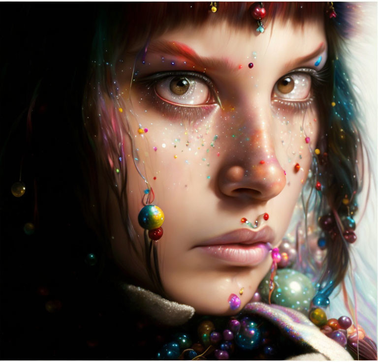 Colorful digital artwork of a woman adorned with beads and sparkles, featuring vibrant hair.