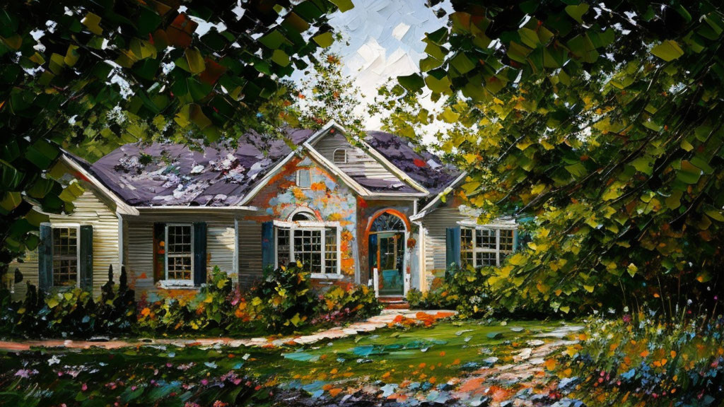 Weathered orange and blue house in lush greenery and trees - impressionistic painting