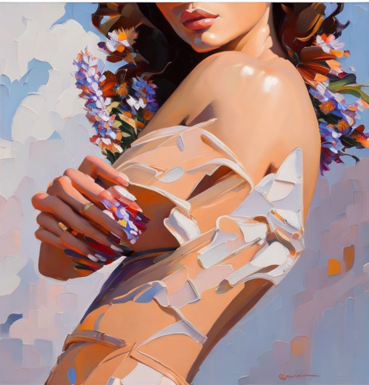 Stylized painting of woman with flowers in hair and ribbons