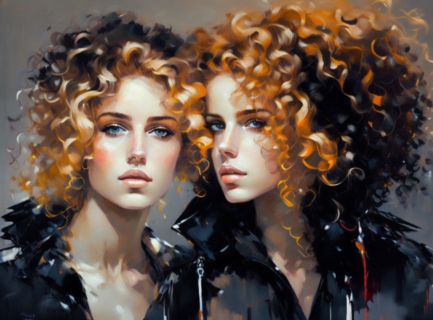 Portrait of Two Women with Curly Blonde Hair in Dark Jackets