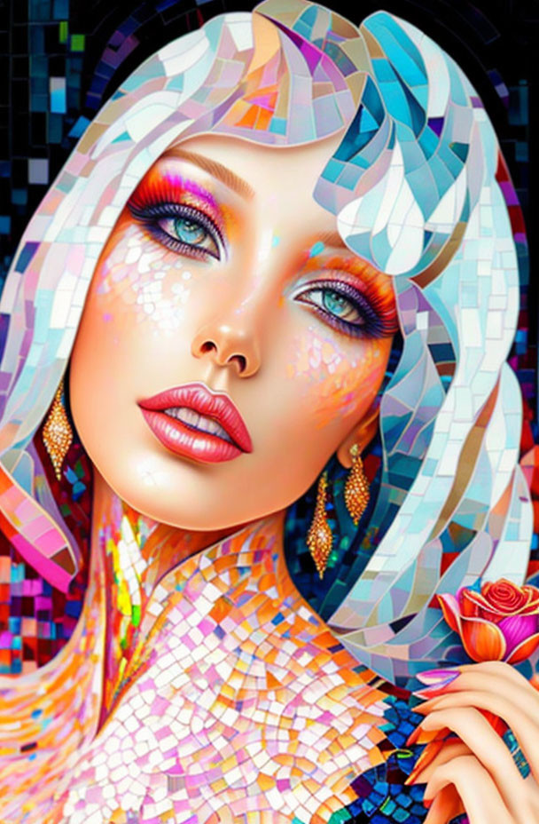 Colorful digital artwork: woman with mosaic design, bold makeup, iridescent skin, holding rose