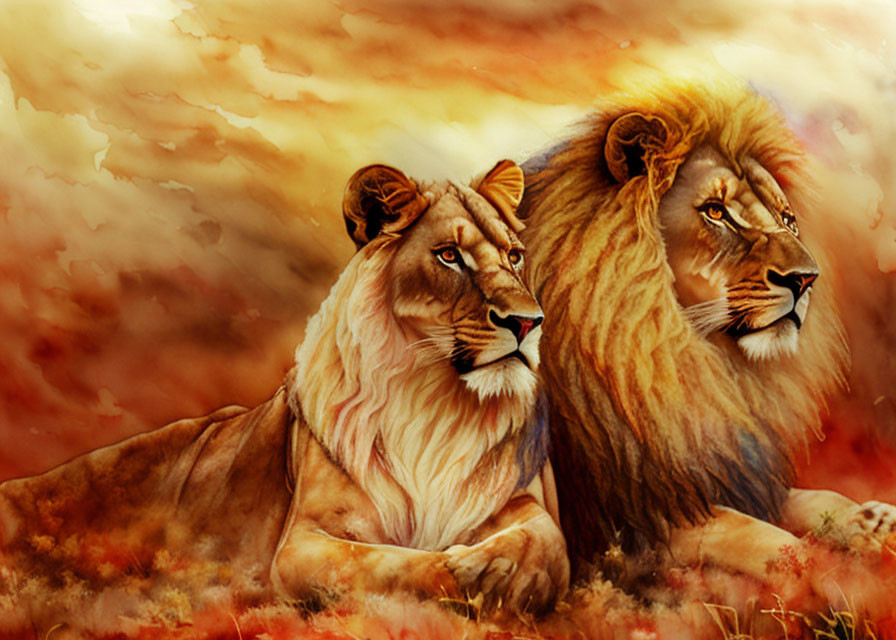 Majestic lioness and male lion under fiery sky