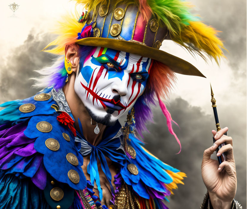 Colorful Clown Costume and Dagger Against Cloudy Sky