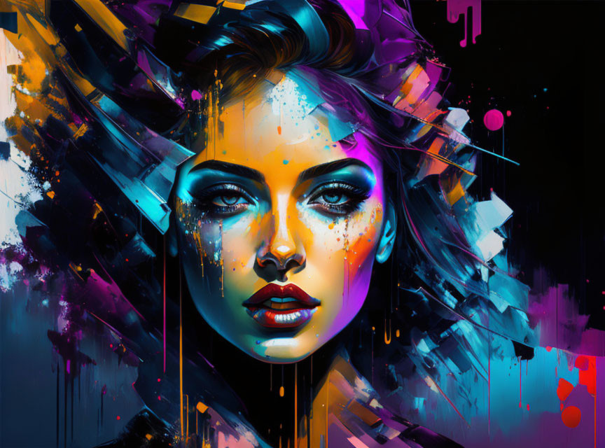 Colorful digital portrait of a woman with neon splashes and abstract elements