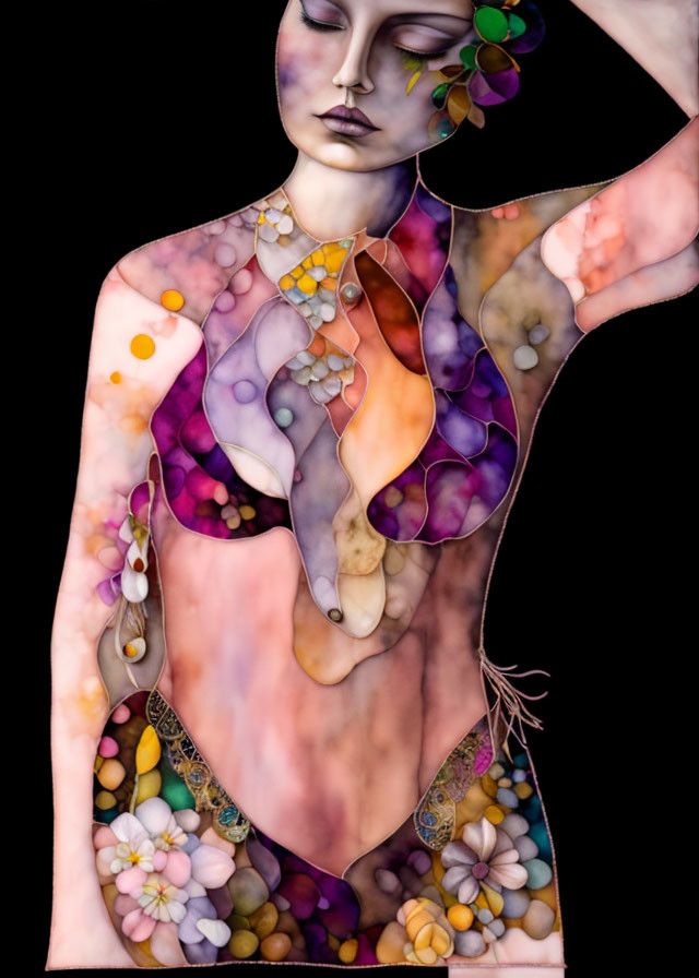 Colorful Translucent Female Figure with Floral and Abstract Designs