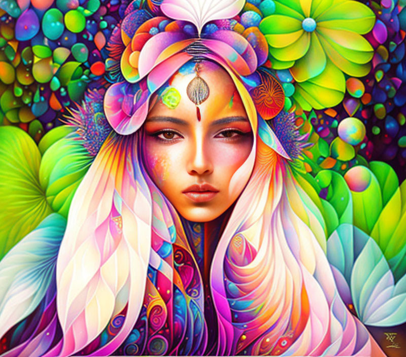 Colorful illustration of a woman in psychedelic fantasy setting.