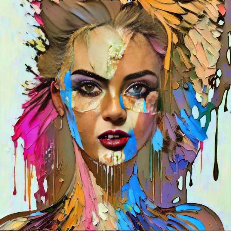 Abstract Digital Art Portrait with Colorful Paint Overlay