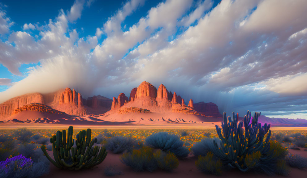 Majestic red rock formations in vibrant desert sunset