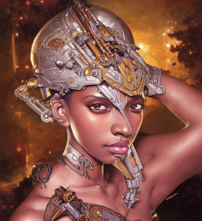 Futuristic digital artwork of woman with cybernetic headgear in golden starry background