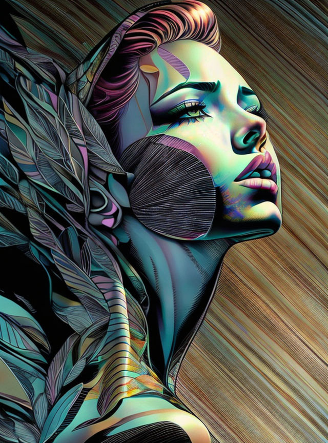 Vibrant digital artwork featuring woman's profile with stylized features