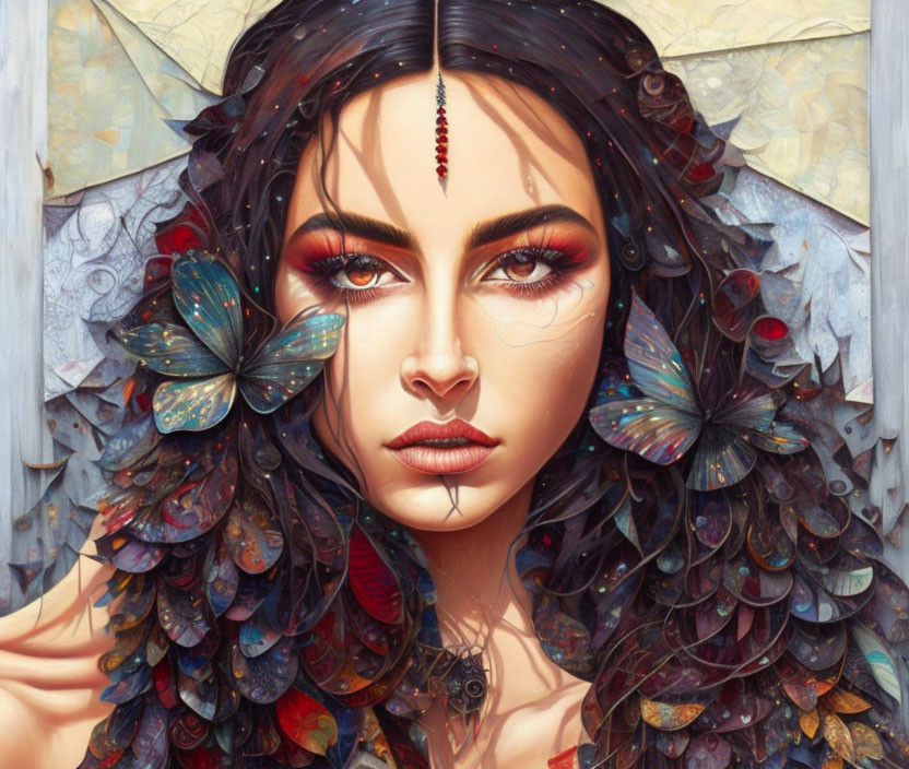 Detailed painting of woman with butterfly wings hair and red bindi, intense eyes and striking makeup