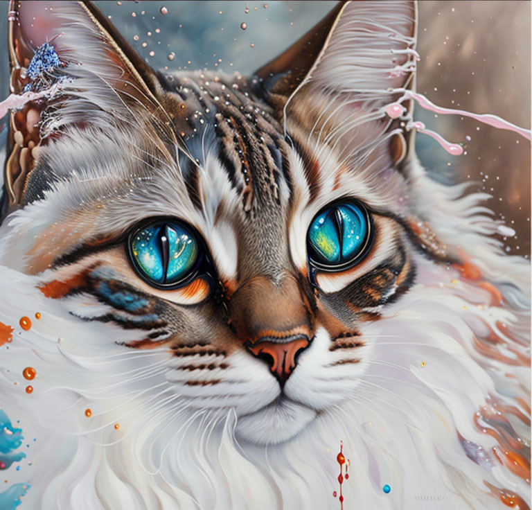 Detailed illustration of fantastical cat with blue eyes and tiger-like markings