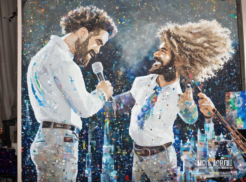 Colorful Singing and Laughing Figures with Microphone on Canvas