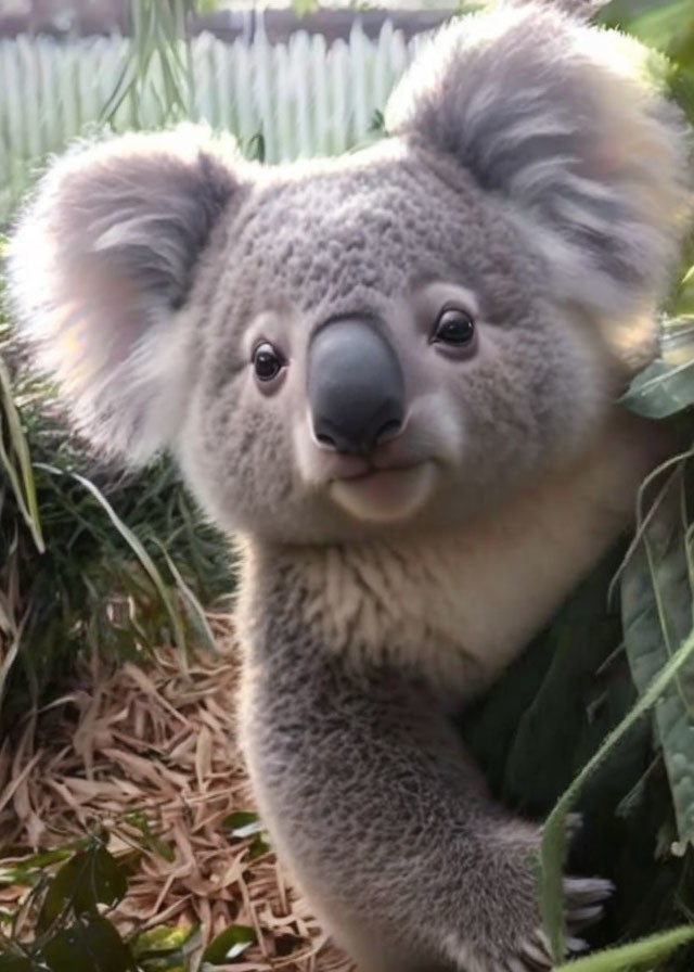 Smiling koala with fluffy ears and black nose in green leaves