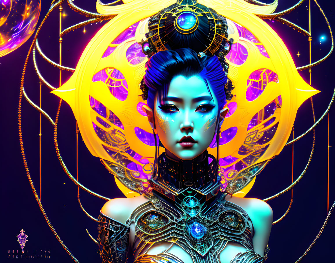 Digital artwork of woman with blue skin and futuristic armor in cosmic setting