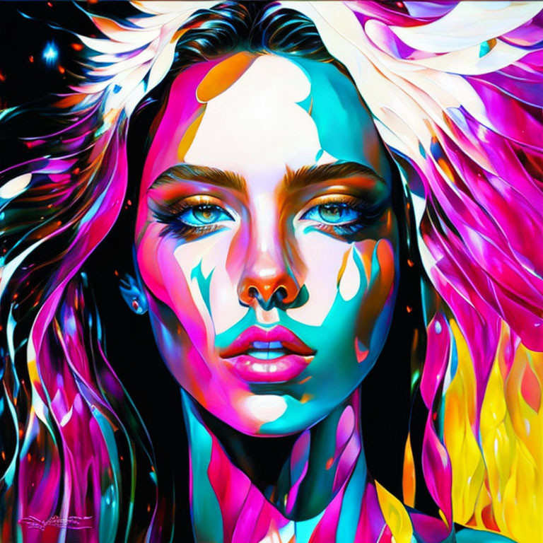 Vibrant abstract portrait of a woman with colorful paint streaks