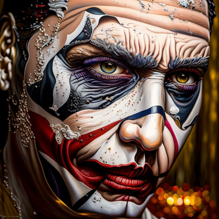 Detailed Dramatic Clown Makeup with Textured Skin and Split Color Scheme