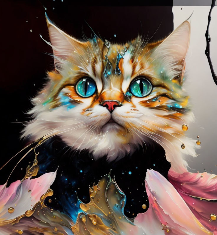 Colorful digital artwork: Cat with bright blue eyes and flowing colors on dark background