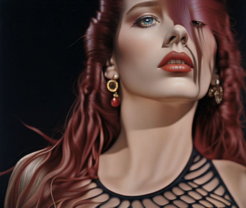 Portrait of woman with red hair, blue eyes, red lipstick, gold earrings, black mesh garment