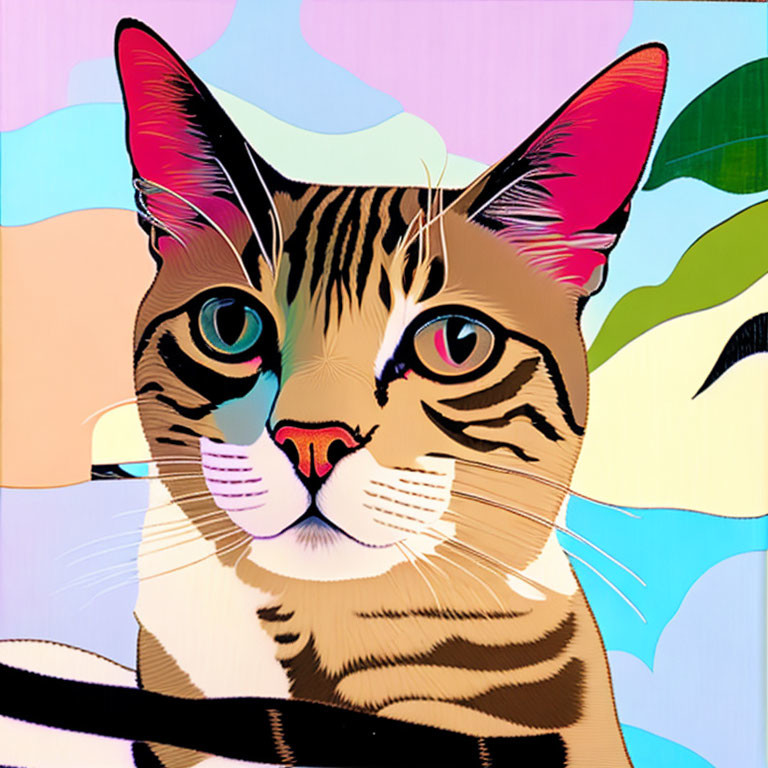 Vibrant Tabby Cat Portrait on Abstract Pastel Background