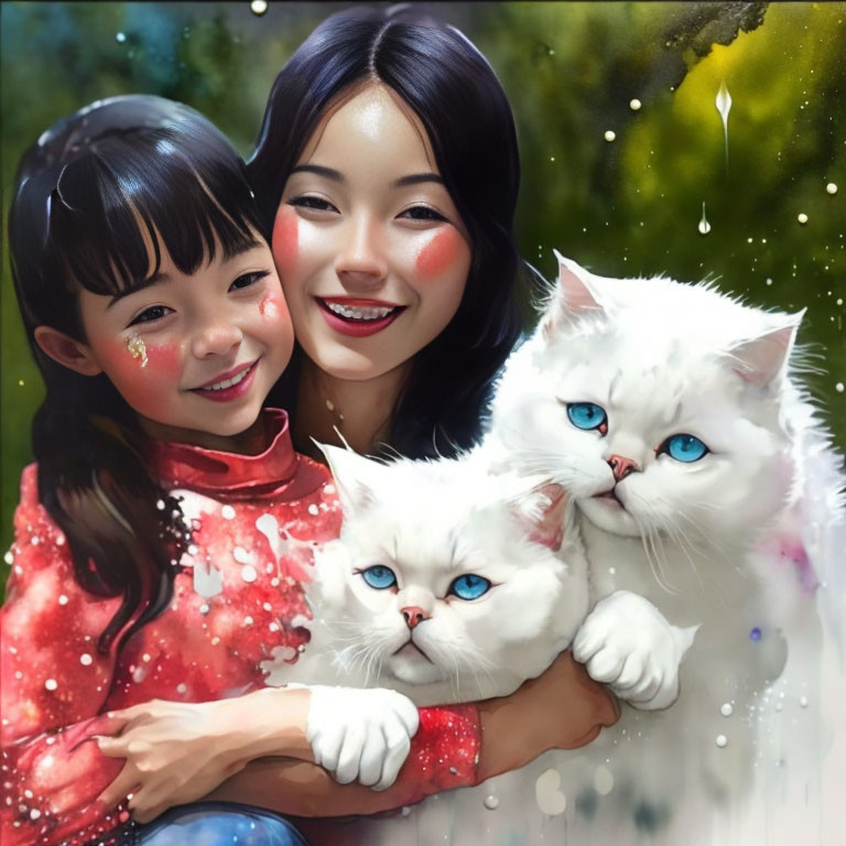 Young girl and woman holding white cats in nature setting.