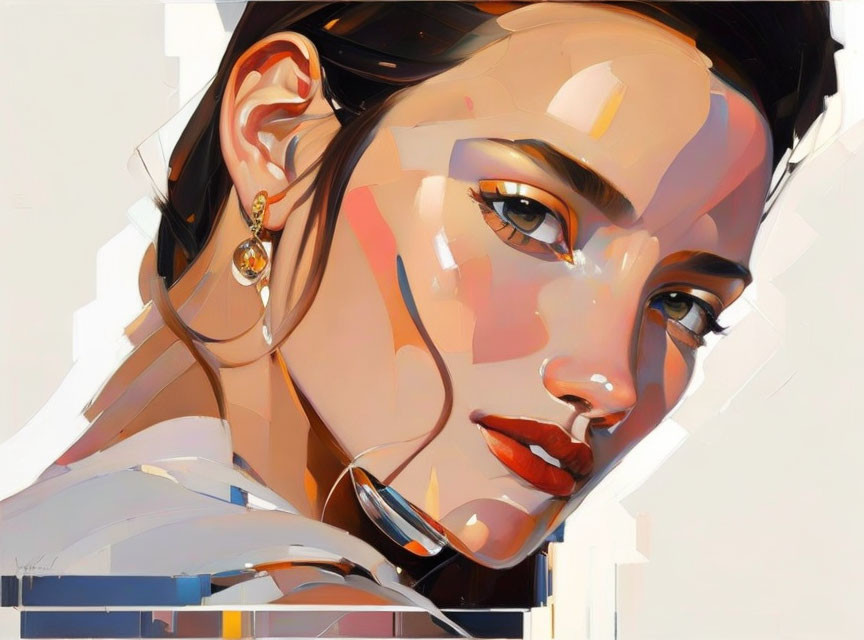 Dramatic lighting and abstract color splashes on stylized woman portrait