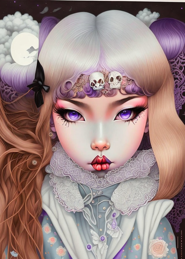 Fantasy girl illustration with purple eyes, white hair, skull accessory, lace collar, night sky.