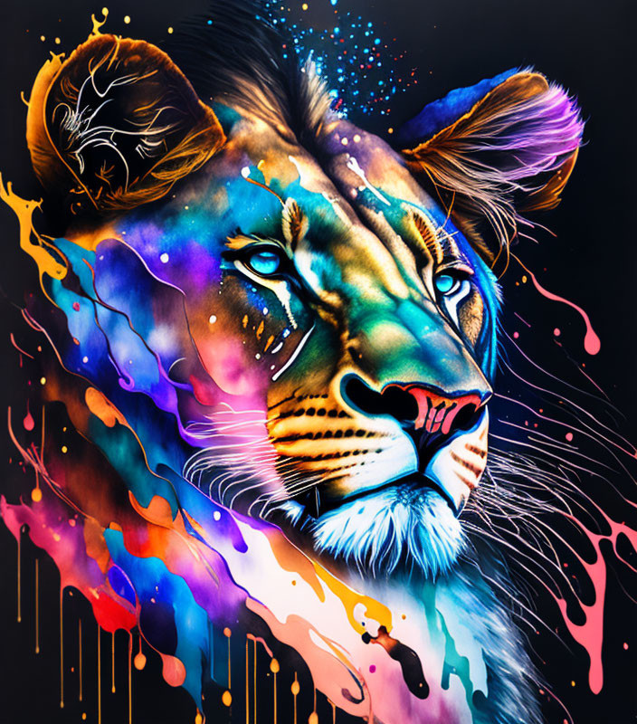 Colorful Lion's Head Artwork with Cosmic Splashes