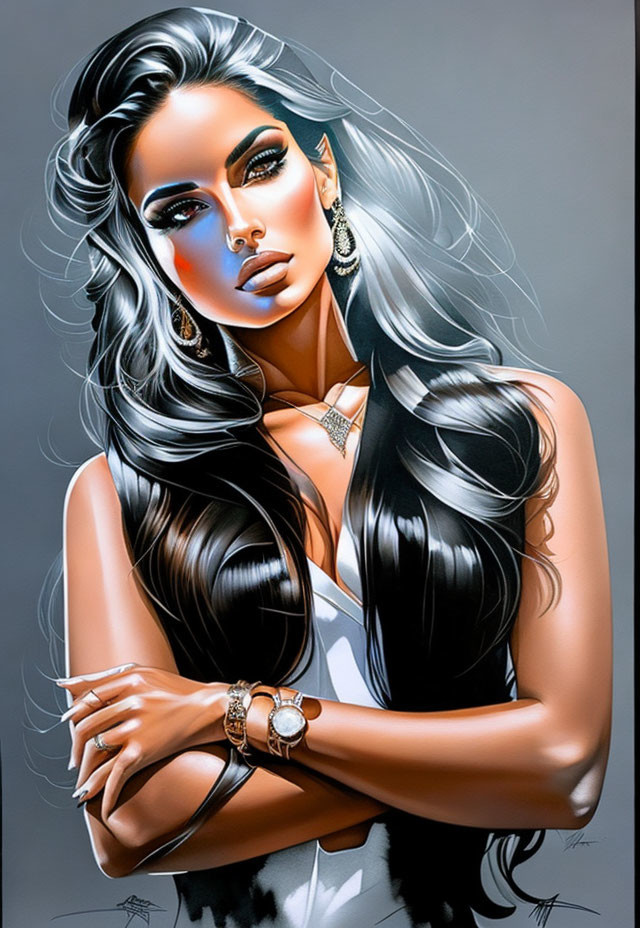 Illustration of woman with long wavy hair and blue eyeshadow wearing earrings and white top