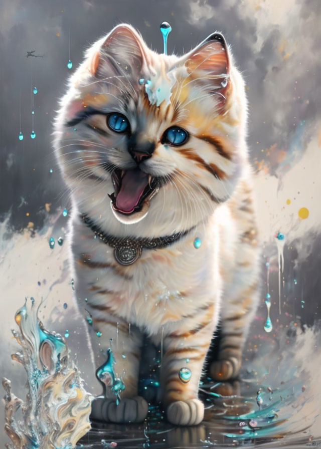 Whimsical kitten digital artwork with blue eyes and orange fur interacting with water splashes