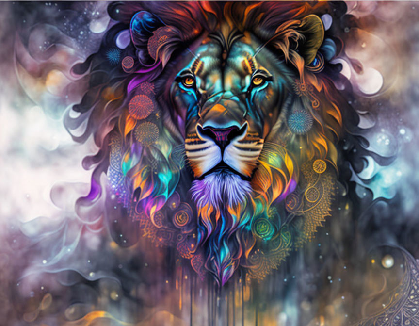 Colorful Lion Digital Painting with Swirling Patterns and Ethereal Smoke